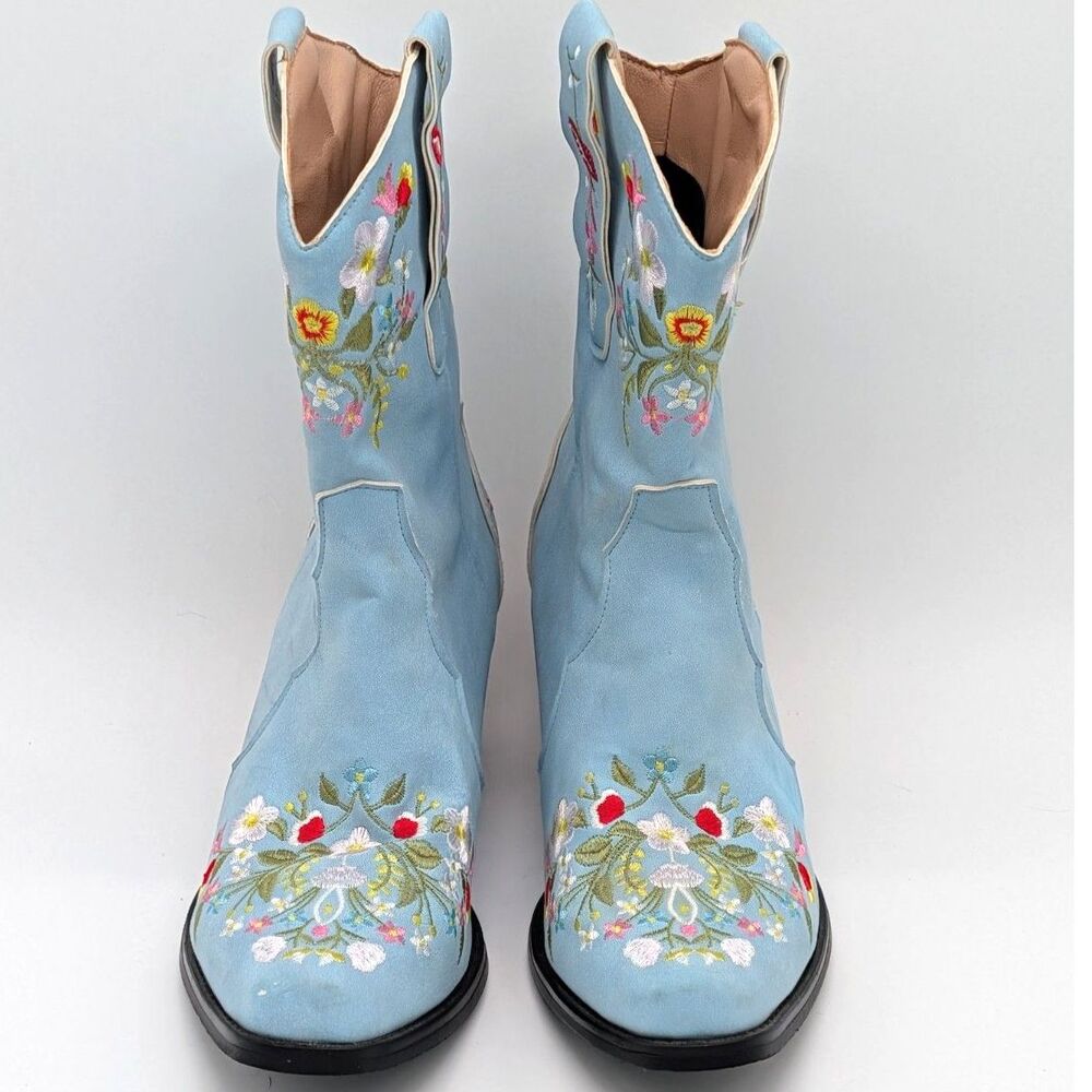 Women’s Blue Floral Embroidered Cowboy Cowgirl Boots Pointed Toe Western Boho - Picture 2 of 16